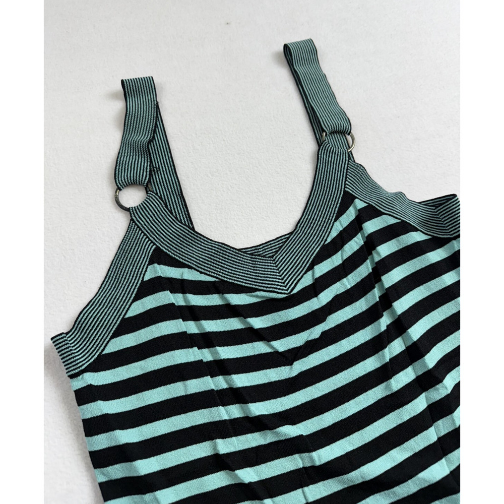 Y2K Striped Sleeveless Gree/blue Black Retro Ring DetailTank Alt Grunge Indie‎